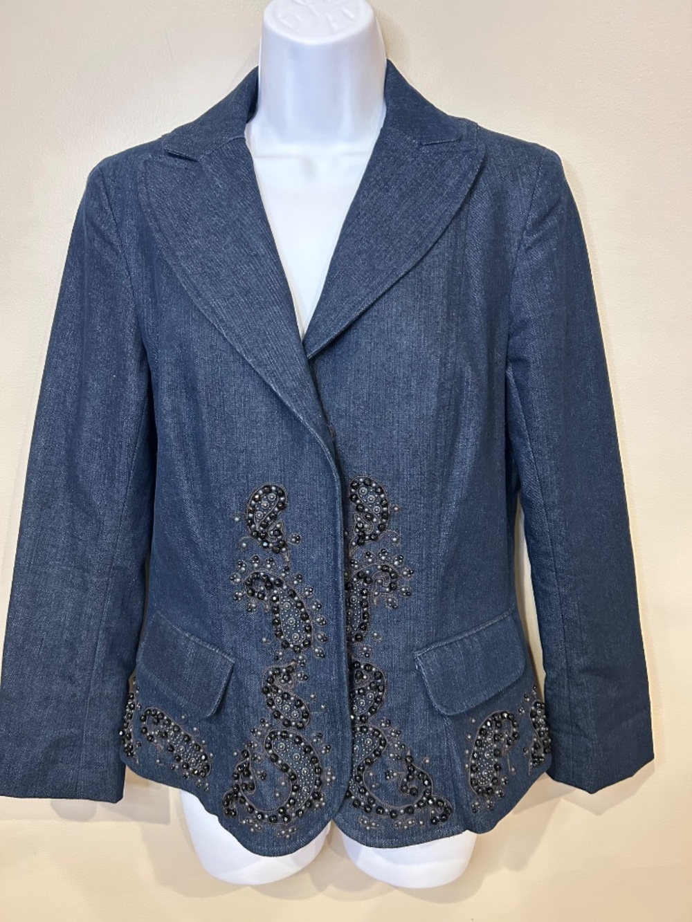 Dana Buchman Beaded Paisley Denim Blazer Jacket Vintage Y2K Whimsygoth Stretch